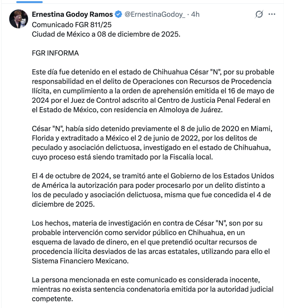 Fgr detiene al ex gobernador de chihuahua césar duarte por presunto lavado de dinero