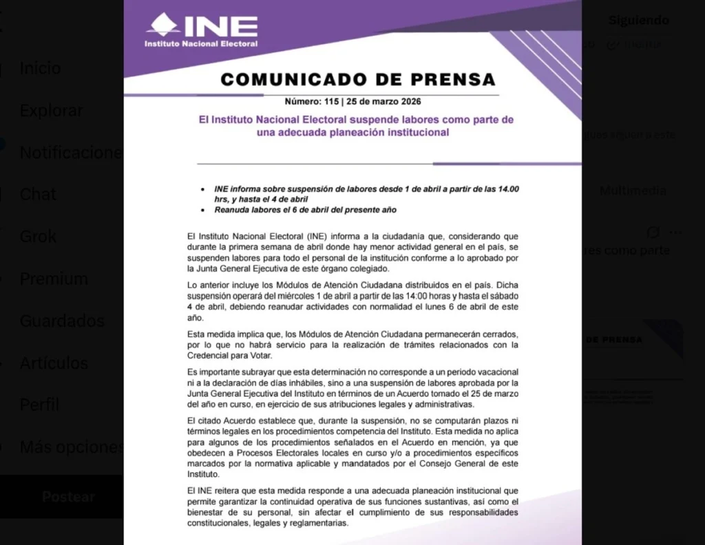 Ine suspenderá labores del 1 al 6 de abril; cerrarán módulos de credencialización