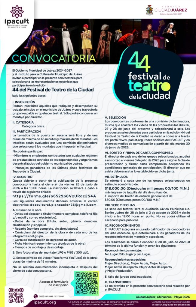 Continúa abierta la convocatoria para participar en el 44 festival de teatro de la ciudad