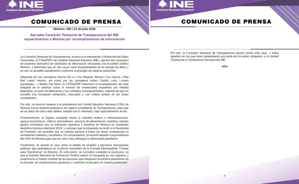 El INE pone bajo advertencia a Morena por opacidad en entrega de datos públicos