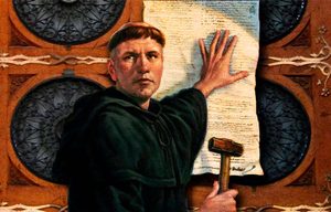 1517, Martín Lutero clava en la iglesia del Palacio de Wittenberglas 95 tesis contra la venta de indulgencias