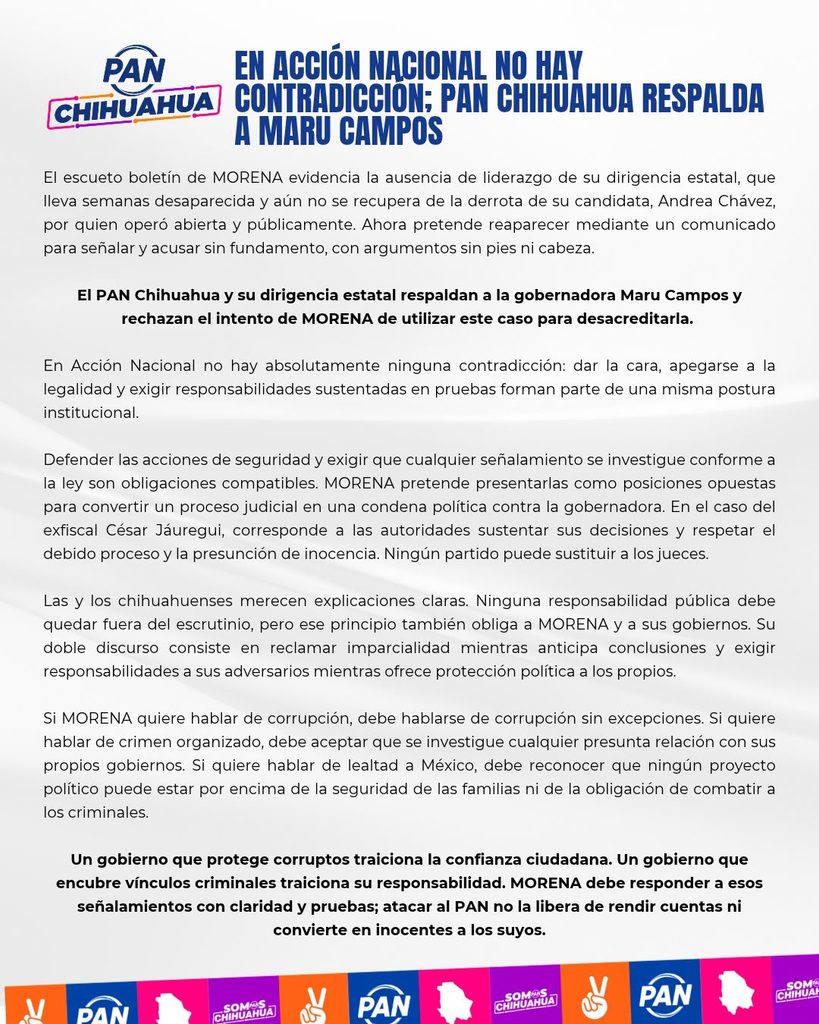 Respalda PAN Chihuahua a Maru Campos y rechaza señalamientos de MORENA